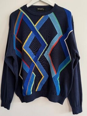 St Croix Sweater Men L Knit Crewneck Abstract USA Geometric Colorful Navy Vtg
